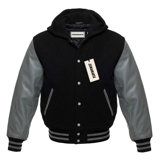 Black Wool/Gray Leather Hooded Varsity Jacket