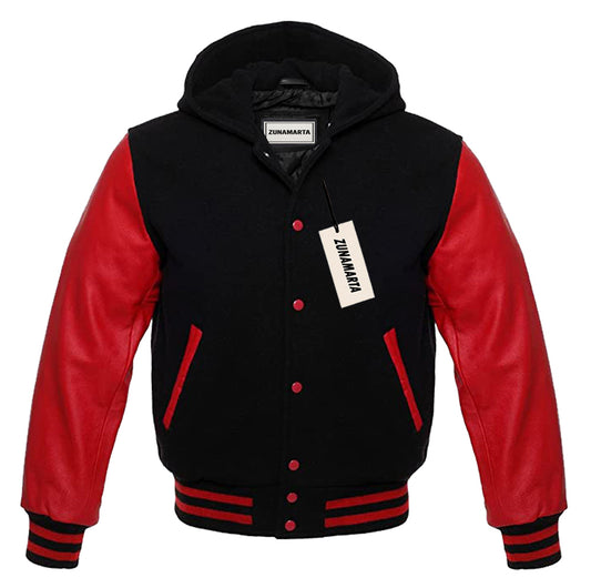 Black Wool/Red Leather Hooded Varsity Jacket