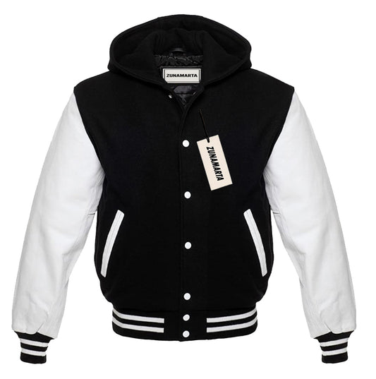 Black Wool/White Leather Hooded Varsity Jacket