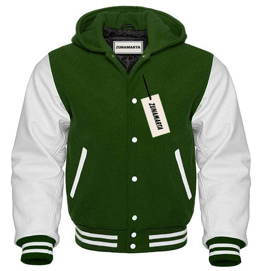 Green Wool/White Leather Hooded Varsity Jacket