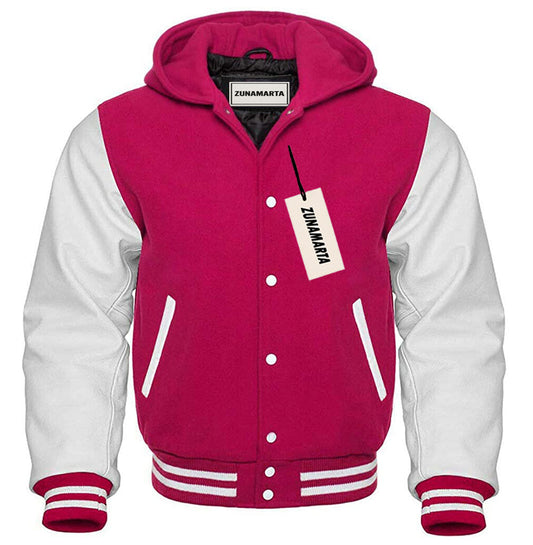 Hot Pink Wool/White Leather Hooded Varsity Jacket