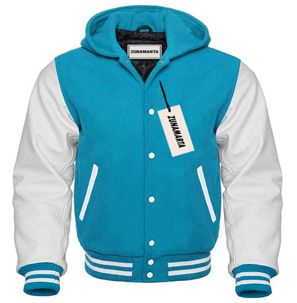 Light Blue Wool/White Leather Hooded Varsity Jacket
