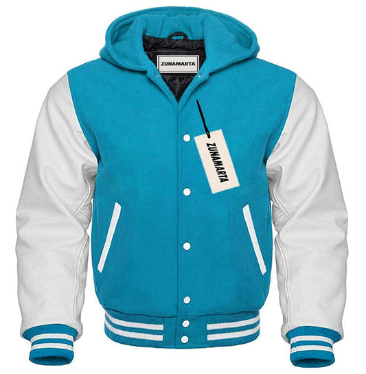 Light Blue Wool/White Leather Hooded Varsity Jacket