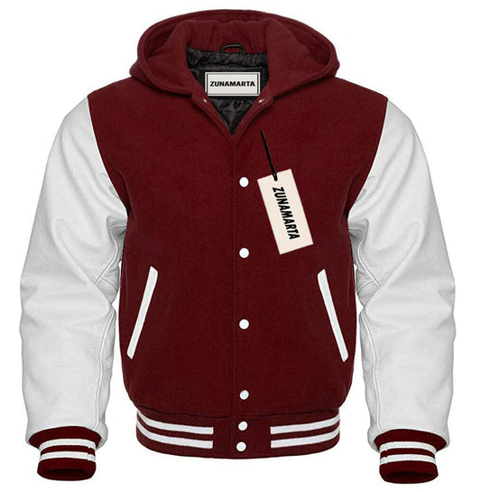 Maroon Wool/White Leather Hooded Varsity Jacket