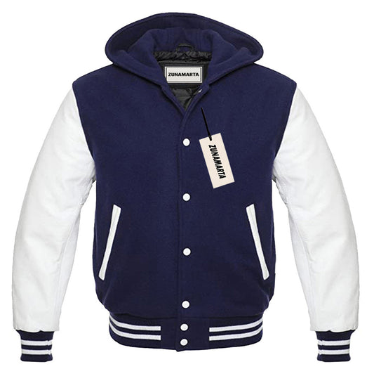 Navy Blue Wool/White Leather Hooded Varsity Jacket