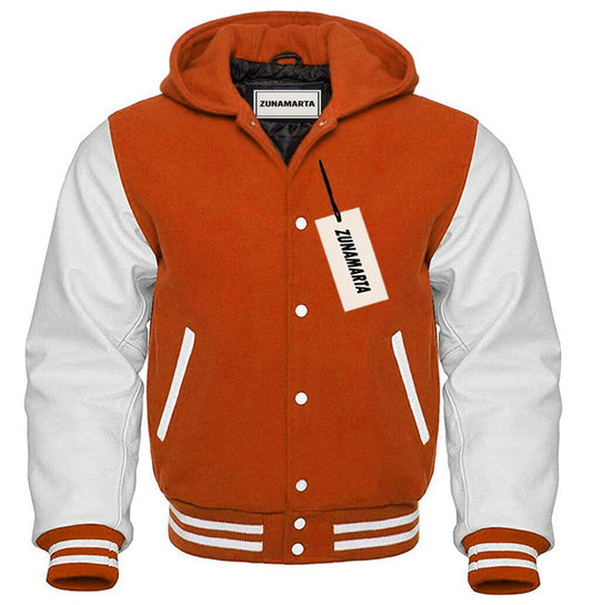 Orange Wool/White Leather Hooded Varsity Jacket