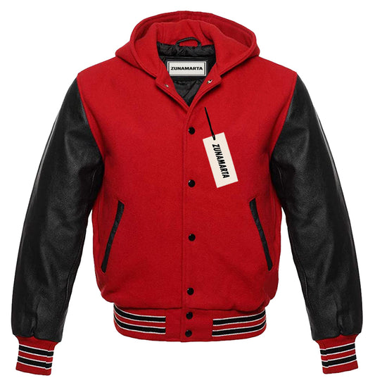 Red Wool/Black Leather Hooded Varsity Jacket