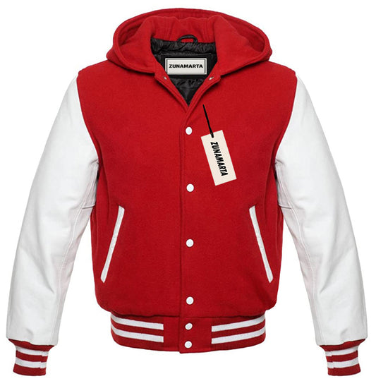 Red Wool/White Leather Hooded Varsity Jacket