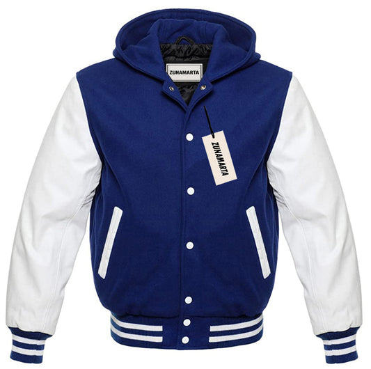 Royal Blue Wool/White Leather Hooded Varsity Jacket