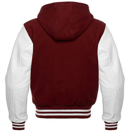 Maroon Wool/White Leather Hooded Varsity Jacket