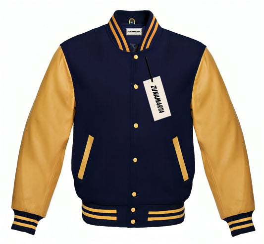 Navy Blue Wool/Gold Leather