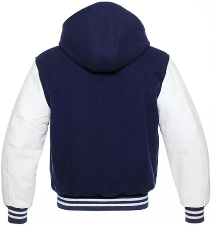 Navy Blue Wool/White Leather Hooded Varsity Jacket