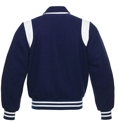 Navy Blue Wool/White Leather Retro Varsity Jacket