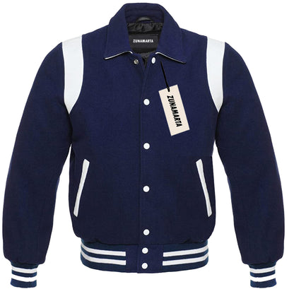 Navy Blue Wool/White Leather Retro Varsity Jacket