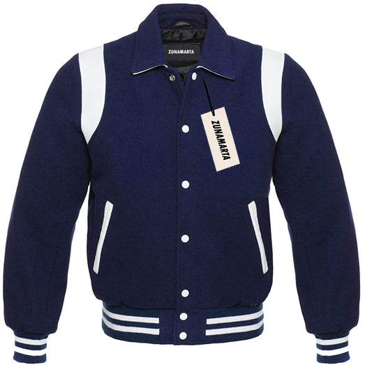 Navy Blue Wool/White Leather Retro Varsity Jacket