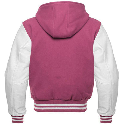 Pink Wool/White Leather Hooded Varsity Jacket