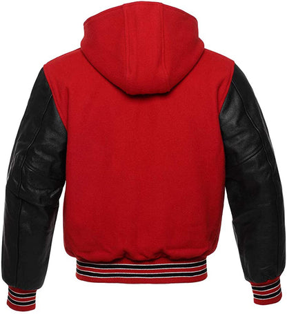 Red Wool/Black Leather Hooded Varsity Jacket