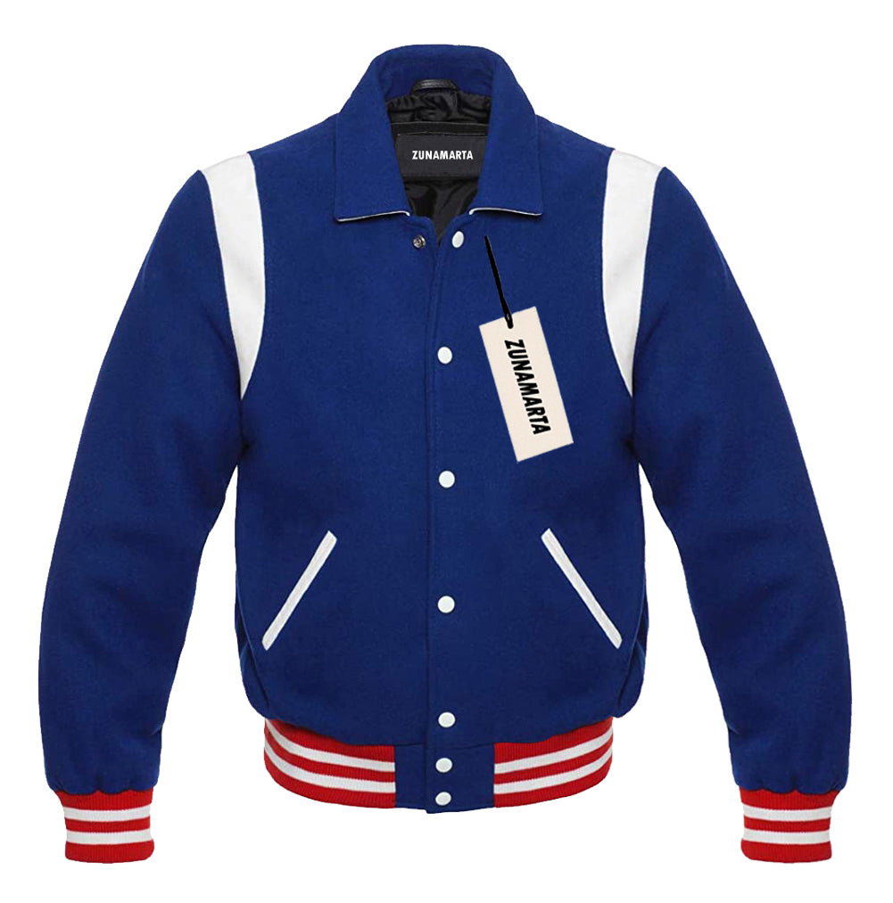 Blue Wool/White Leather Retro Varsity Jacket