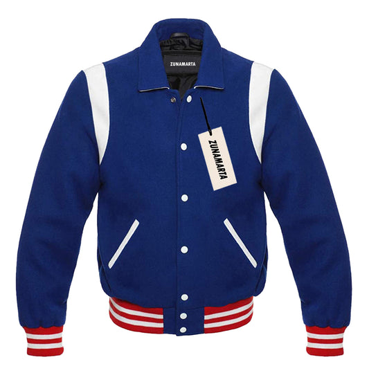 Blue Wool/White Leather Retro Varsity Jacket