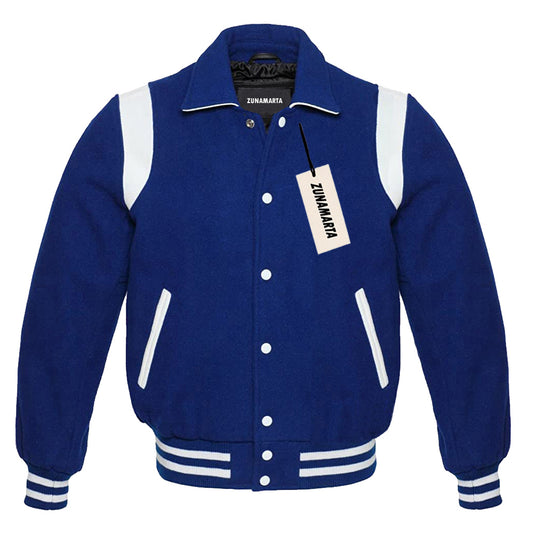 Royal Blue Wool/White Leather Retro Varsity Jacket