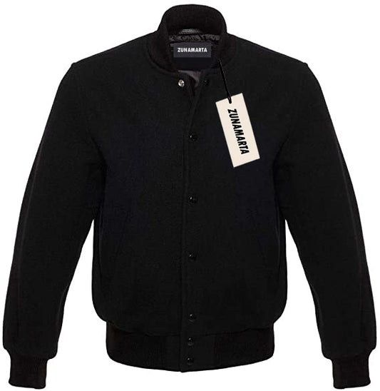 Solid Black Melton Wool Varsity Jacket